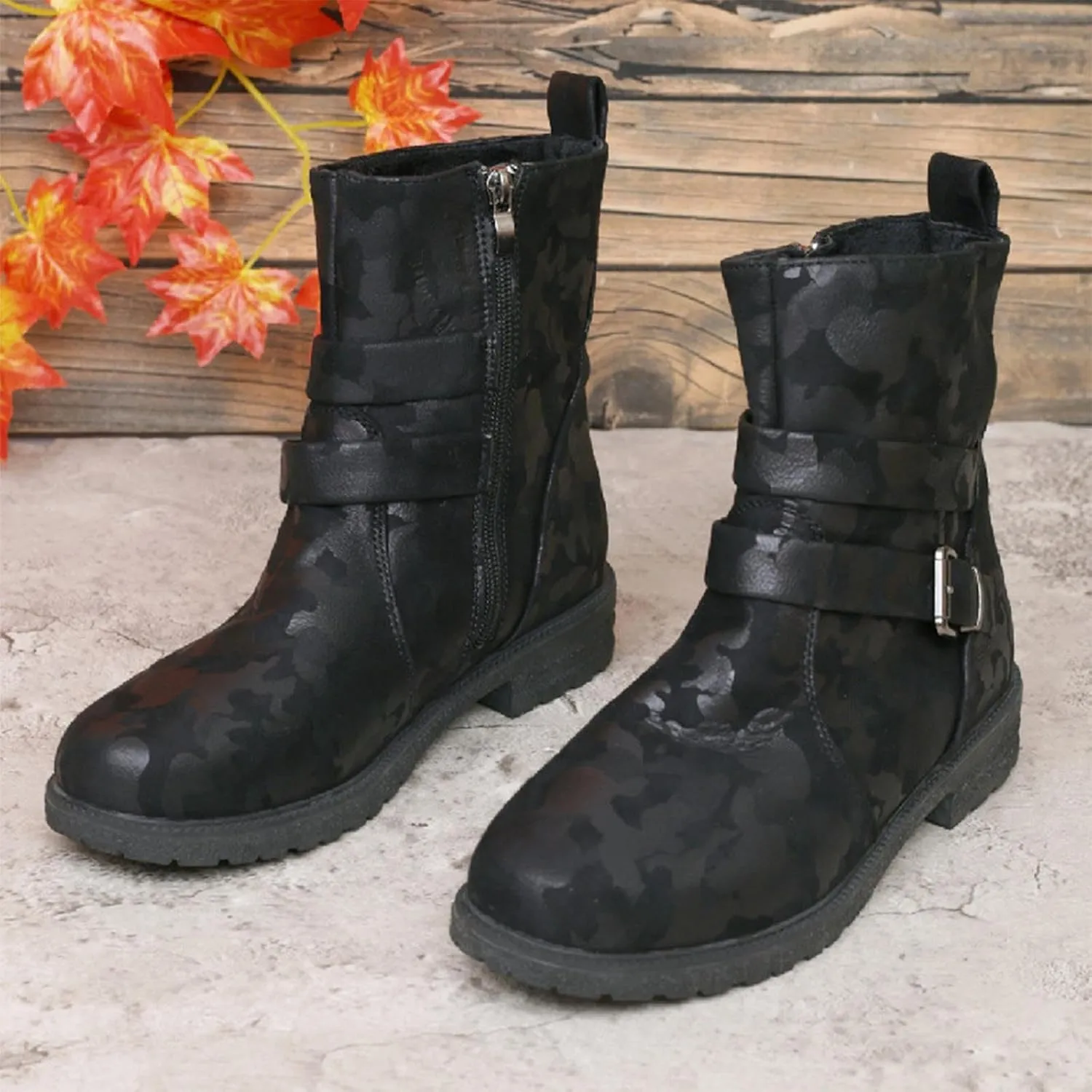 Womens Combat Boots Fashion Side Zipper Buckle Ankle Booties Chunky Low Heel Fashion Round Toe Mid Calf Boot Shoes