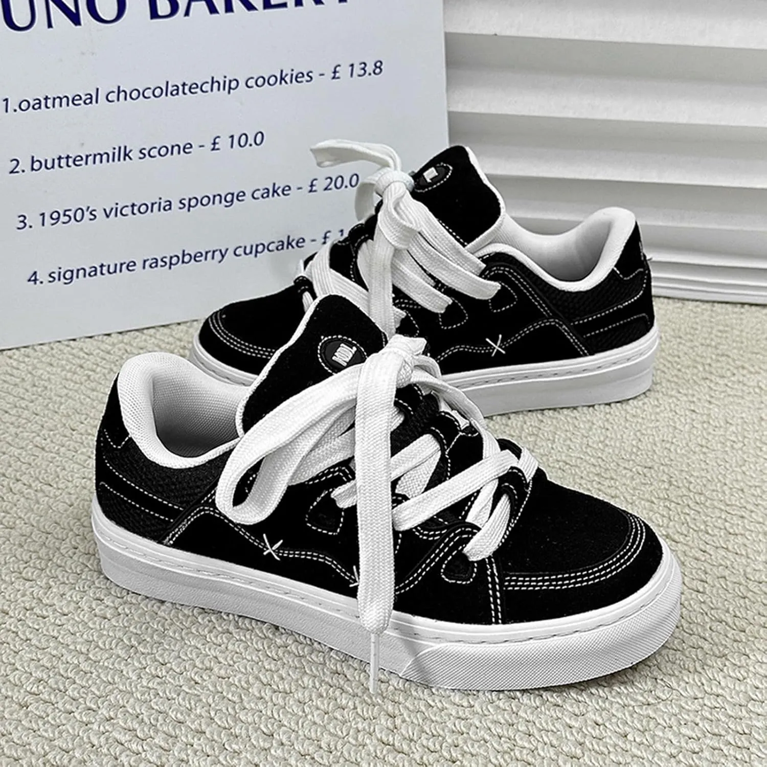 Womens Fashion Sneakers - Platform Lace-up Trainers Breathable Lightweight - Sports Big Head Retro Canvas Shoes for Women Men Couple - Casual Black Versatile,Black-43