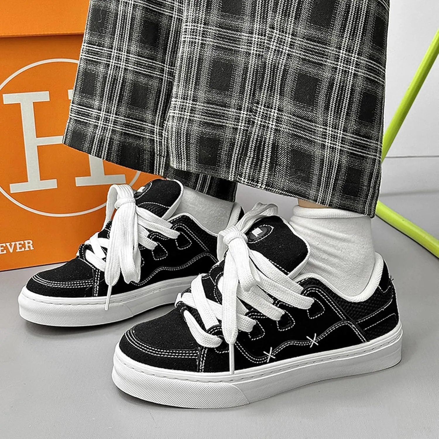 Womens Fashion Sneakers - Platform Lace-up Trainers Breathable Lightweight - Sports Big Head Retro Canvas Shoes for Women Men Couple - Casual Black Versatile,Black-43