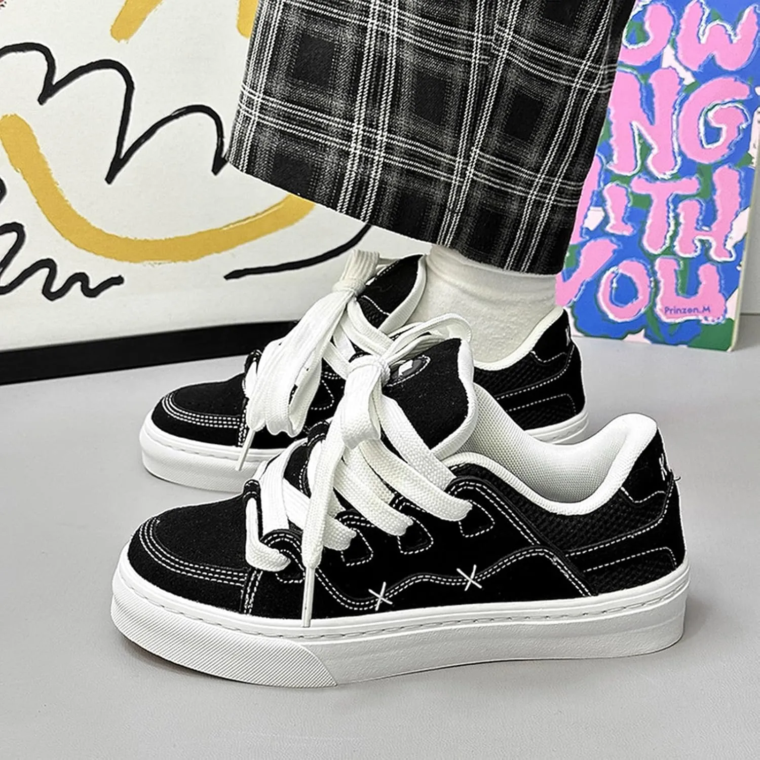 Womens Fashion Sneakers - Platform Lace-up Trainers Breathable Lightweight - Sports Big Head Retro Canvas Shoes for Women Men Couple - Casual Black Versatile,Black-43