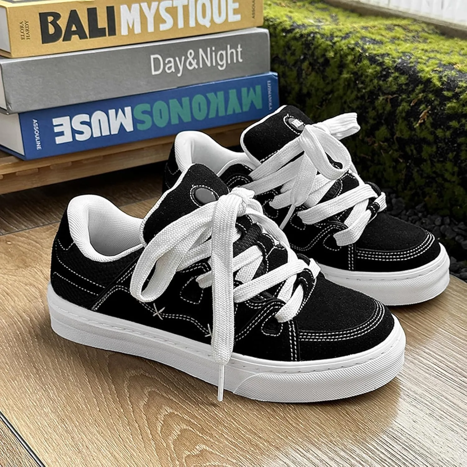 Womens Fashion Sneakers - Platform Lace-up Trainers Breathable Lightweight - Sports Big Head Retro Canvas Shoes for Women Men Couple - Casual Black Versatile,Black-43