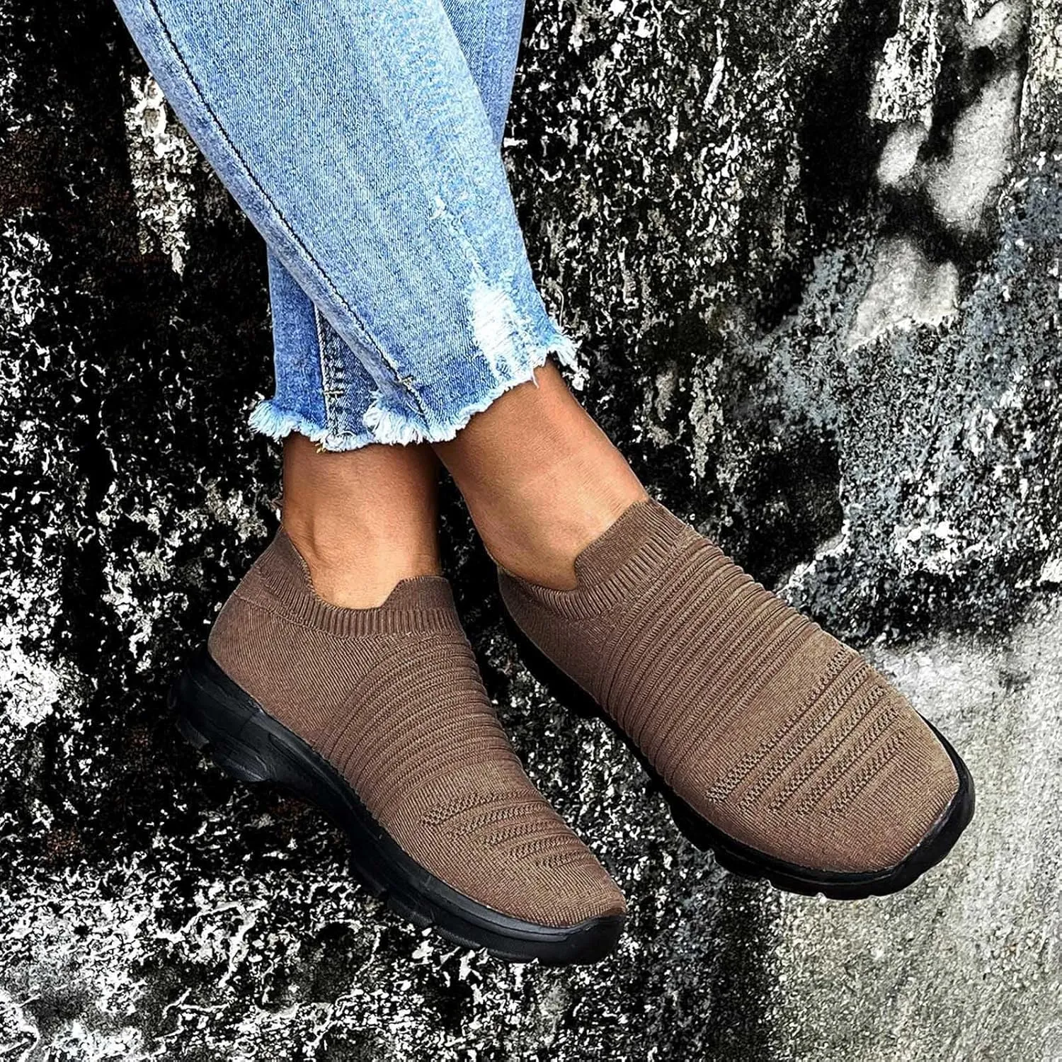 Womens Flat Slip On Sneakers Casual Walking Shoes Lightweight Canvas Comfortable Elastic Non Slip Loafers