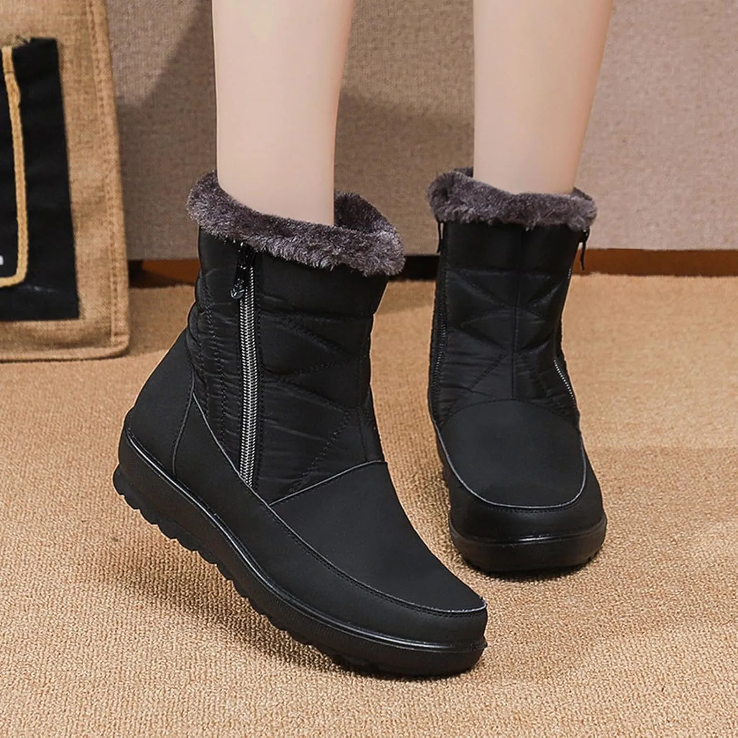 Women's Snow Boots, Mid Calf Winter Boot Walking Hiking Outdoor Booties Fur Lined Warm Shoes