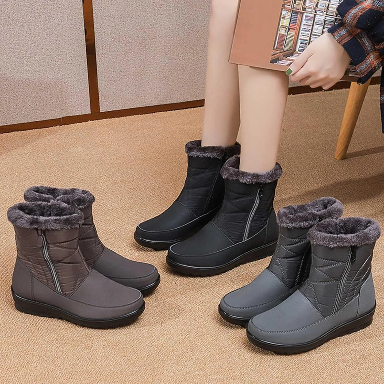 Women's Snow Boots, Mid Calf Winter Boot Walking Hiking Outdoor Booties Fur Lined Warm Shoes