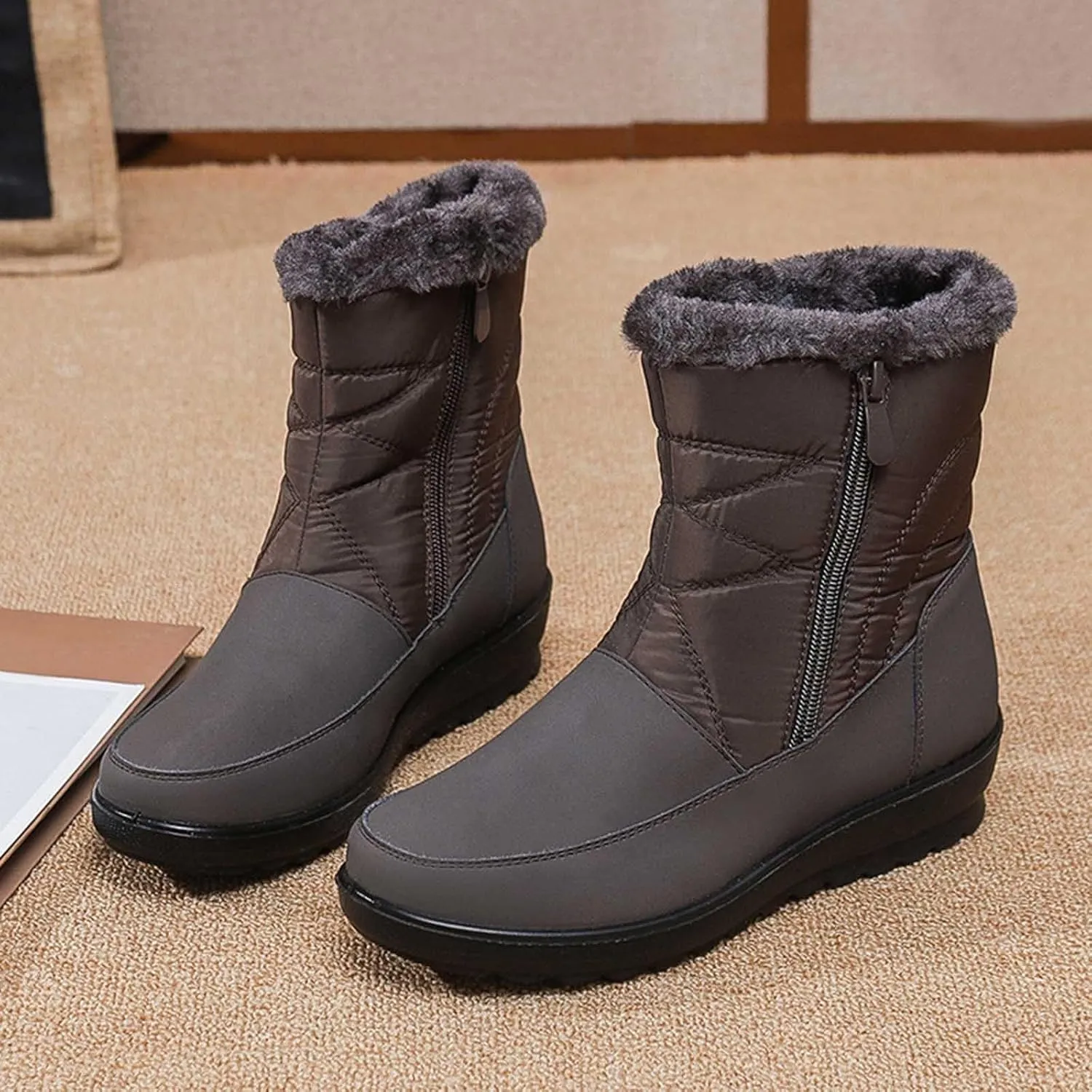 Women's Snow Boots, Mid Calf Winter Boot Walking Hiking Outdoor Booties Fur Lined Warm Shoes