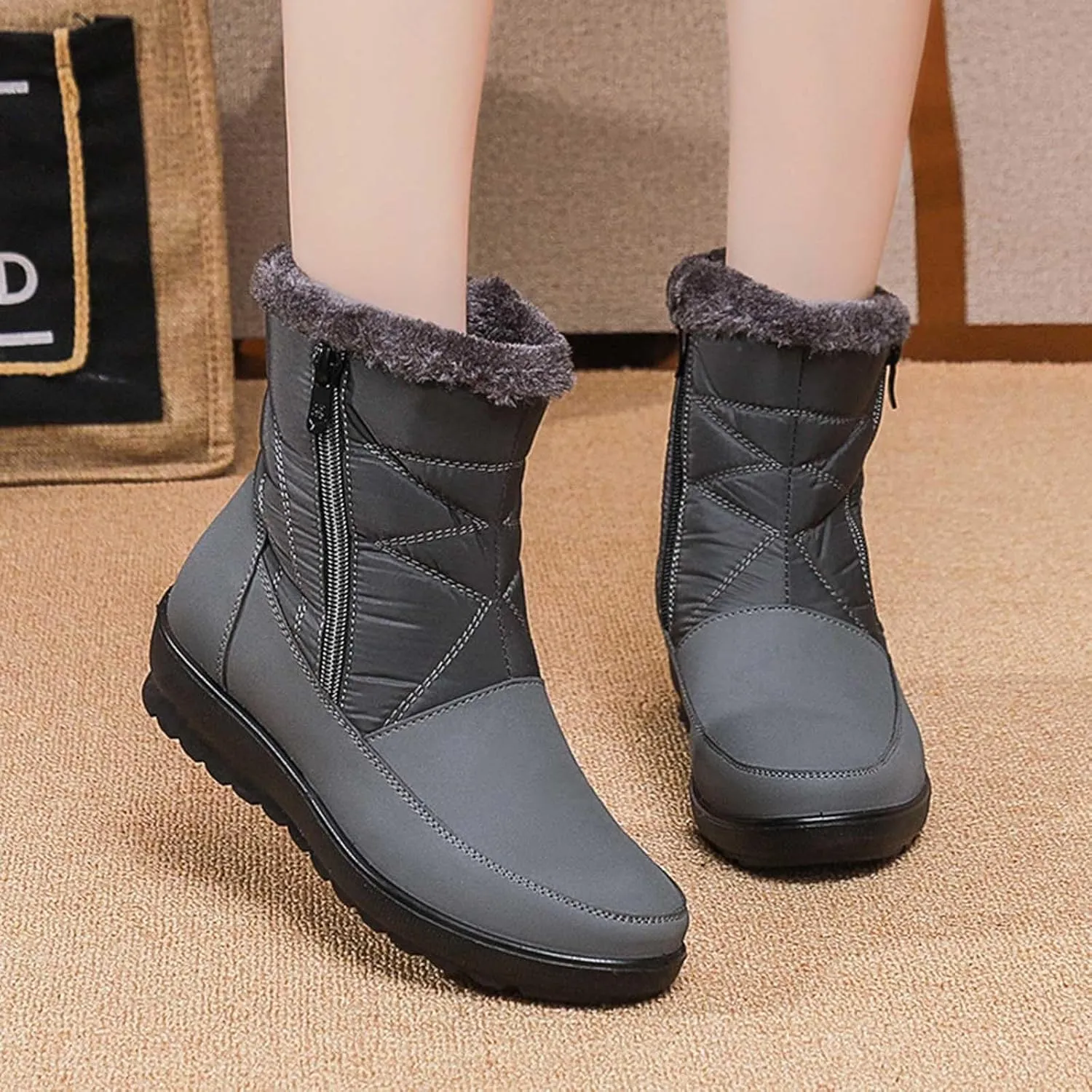 Women's Snow Boots, Mid Calf Winter Boot Walking Hiking Outdoor Booties Fur Lined Warm Shoes