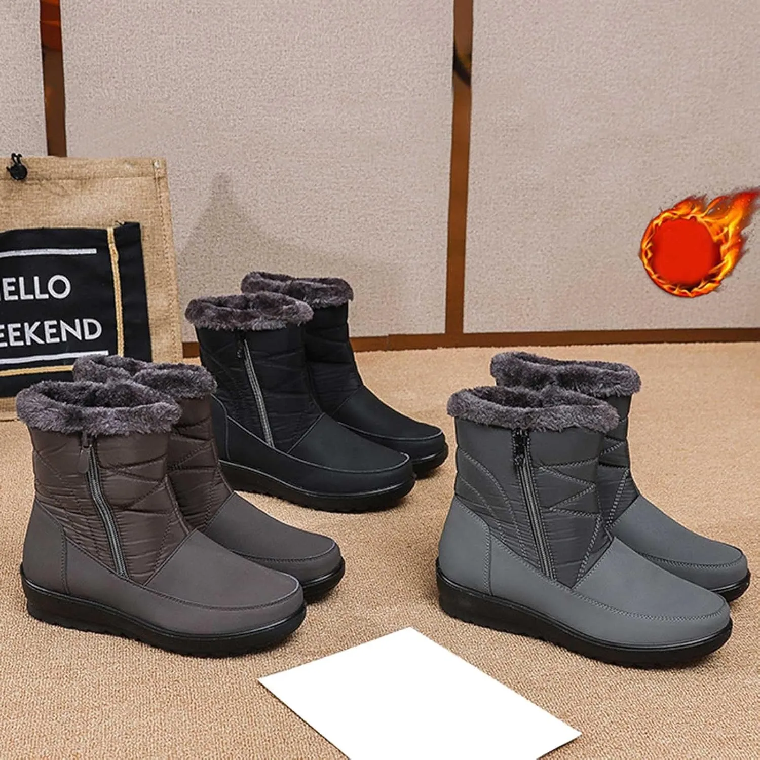 Women's Snow Boots, Mid Calf Winter Boot Walking Hiking Outdoor Booties Fur Lined Warm Shoes