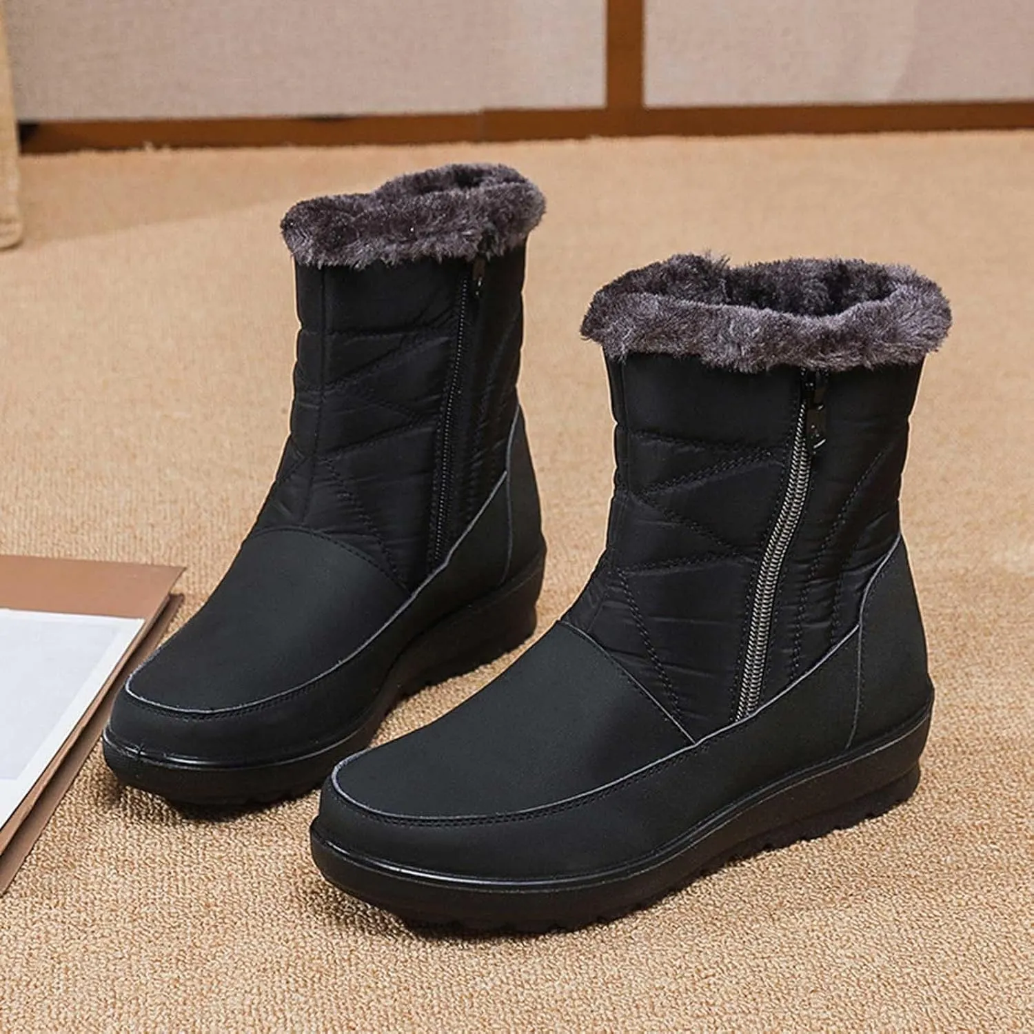 Women's Snow Boots, Mid Calf Winter Boot Walking Hiking Outdoor Booties Fur Lined Warm Shoes