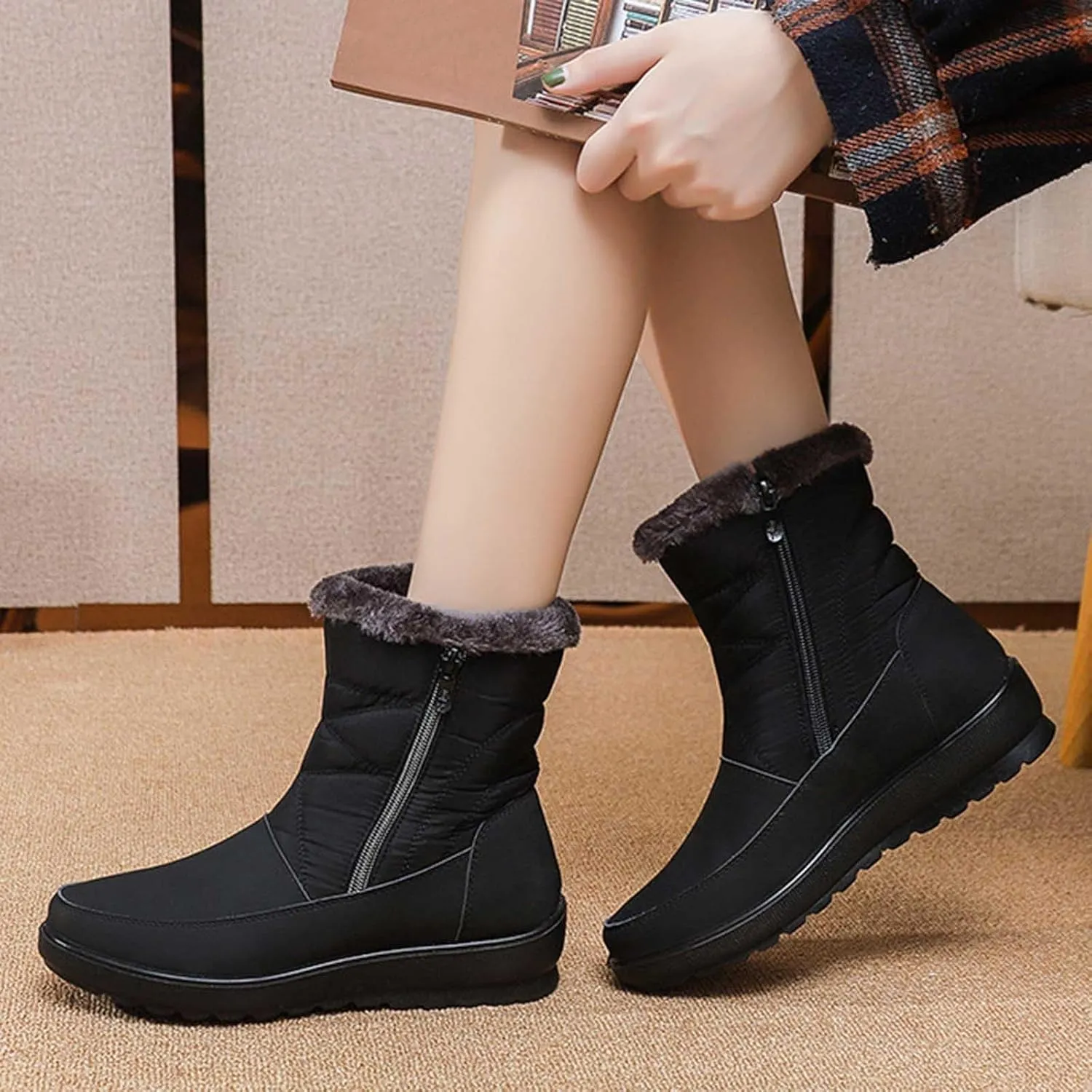 Women's Snow Boots, Mid Calf Winter Boot Walking Hiking Outdoor Booties Fur Lined Warm Shoes