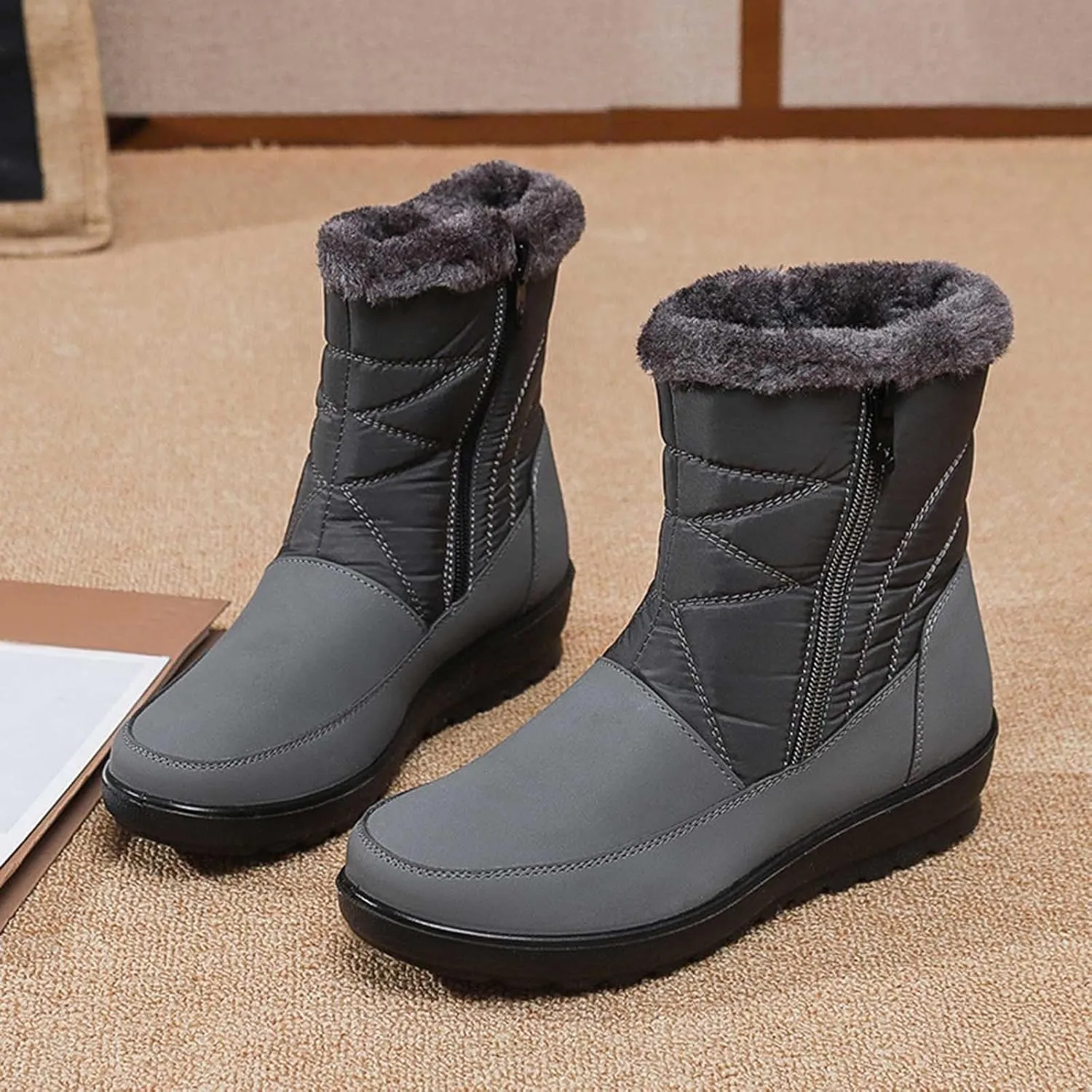 Women's Snow Boots, Mid Calf Winter Boot Walking Hiking Outdoor Booties Fur Lined Warm Shoes