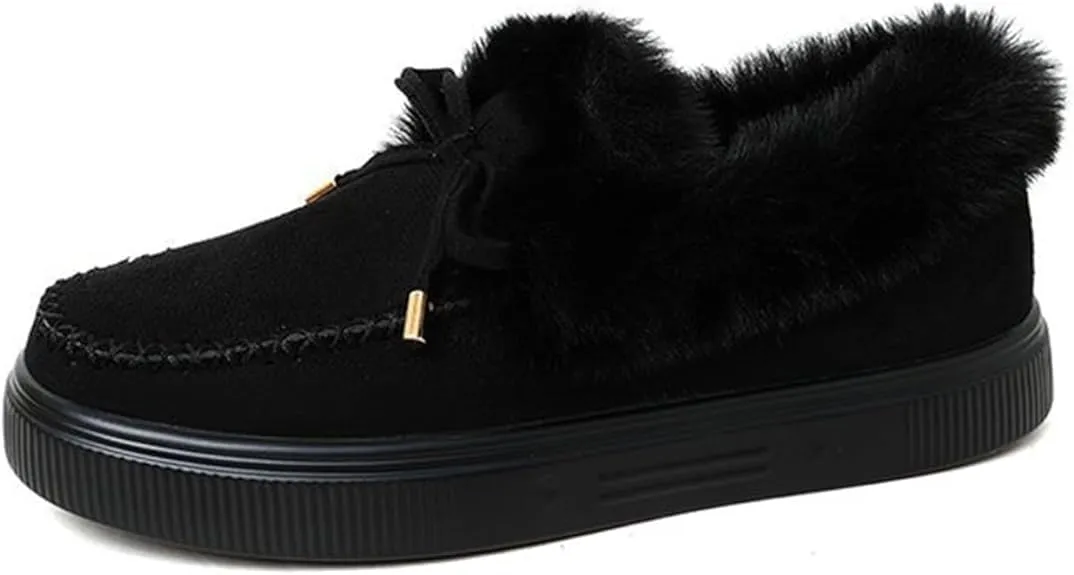 Womens Winter Boots Fashion Fur Lining Ankle Snow Boots Outdoor Short Ankle Booties Flat Slip On Round Head Thick Warm Shoes