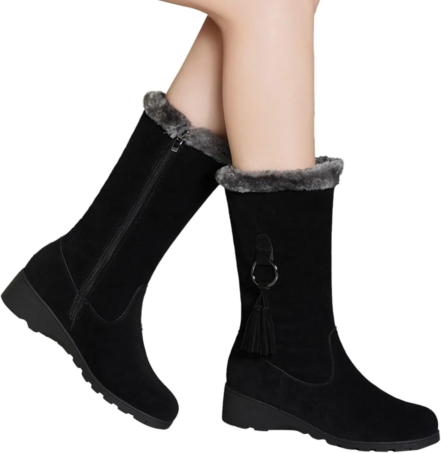 Womens Winter Snow Boots Mid-Calf Boots for Women Ladies Casual Fashion Furry Warm Tall Boot Platform Wedge Booties Fleece Lined Outdoor Booties Comfortable Pull On Boots with Fringe Trim