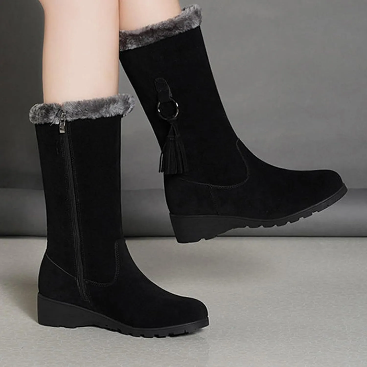 Womens Winter Snow Boots Mid-Calf Boots for Women Ladies Casual Fashion Furry Warm Tall Boot Platform Wedge Booties Fleece Lined Outdoor Booties Comfortable Pull On Boots with Fringe Trim