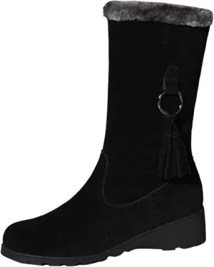 Womens Winter Snow Boots Mid-Calf Boots for Women Ladies Casual Fashion Furry Warm Tall Boot Platform Wedge Booties Fleece Lined Outdoor Booties Comfortable Pull On Boots with Fringe Trim