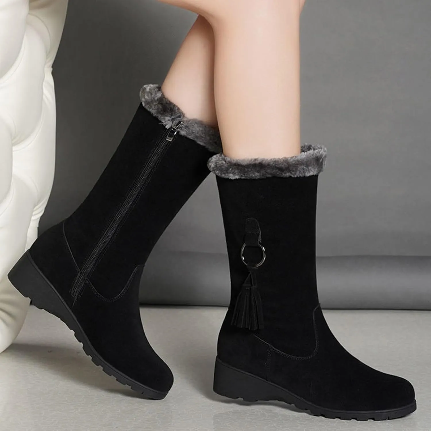 Womens Winter Snow Boots Mid-Calf Boots for Women Ladies Casual Fashion Furry Warm Tall Boot Platform Wedge Booties Fleece Lined Outdoor Booties Comfortable Pull On Boots with Fringe Trim