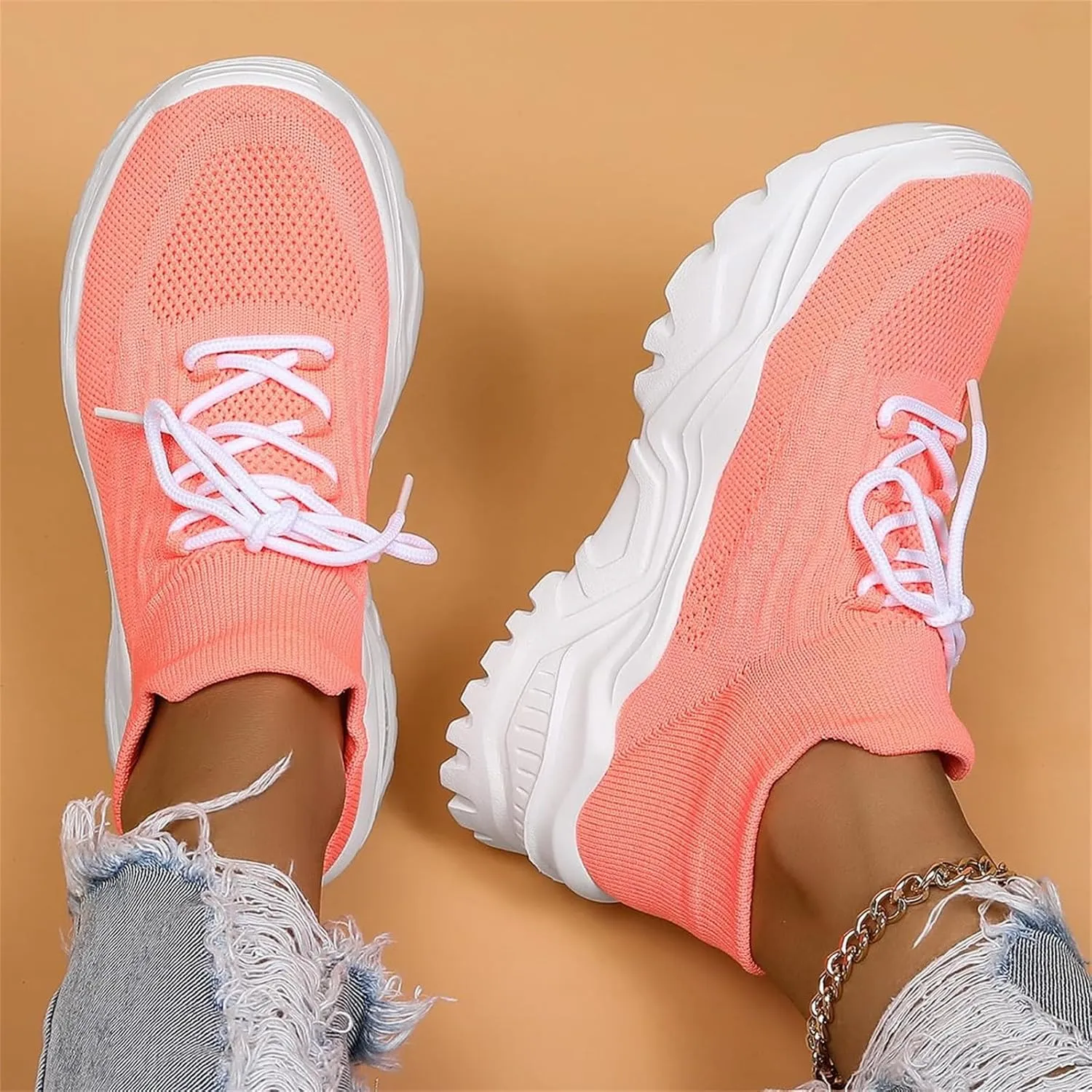 Woven Sneakers for Women Mesh Breathable Thick Sole Walking Running Shoes Comfortable Tennis Shoes Non Slip High Top Casual Womens Sneakers with Arch Support