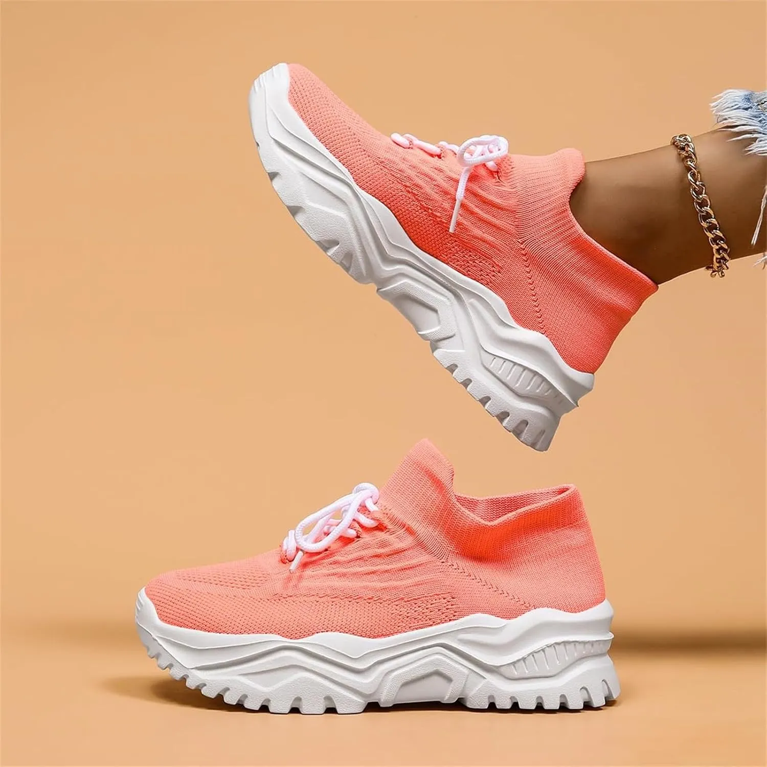 Woven Sneakers for Women Mesh Breathable Thick Sole Walking Running Shoes Comfortable Tennis Shoes Non Slip High Top Casual Womens Sneakers with Arch Support
