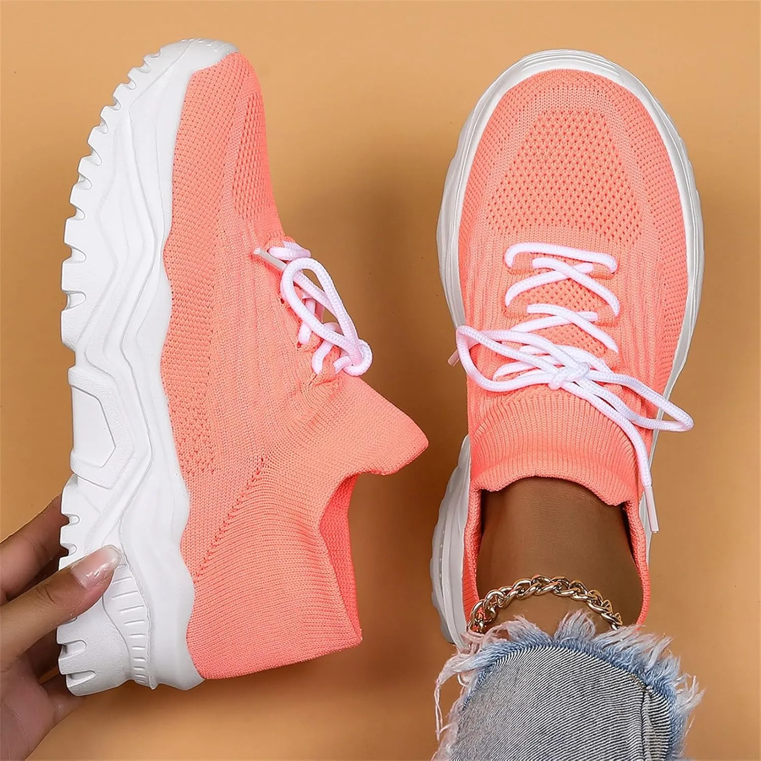 Woven Sneakers for Women Mesh Breathable Thick Sole Walking Running Shoes Comfortable Tennis Shoes Non Slip High Top Casual Womens Sneakers with Arch Support