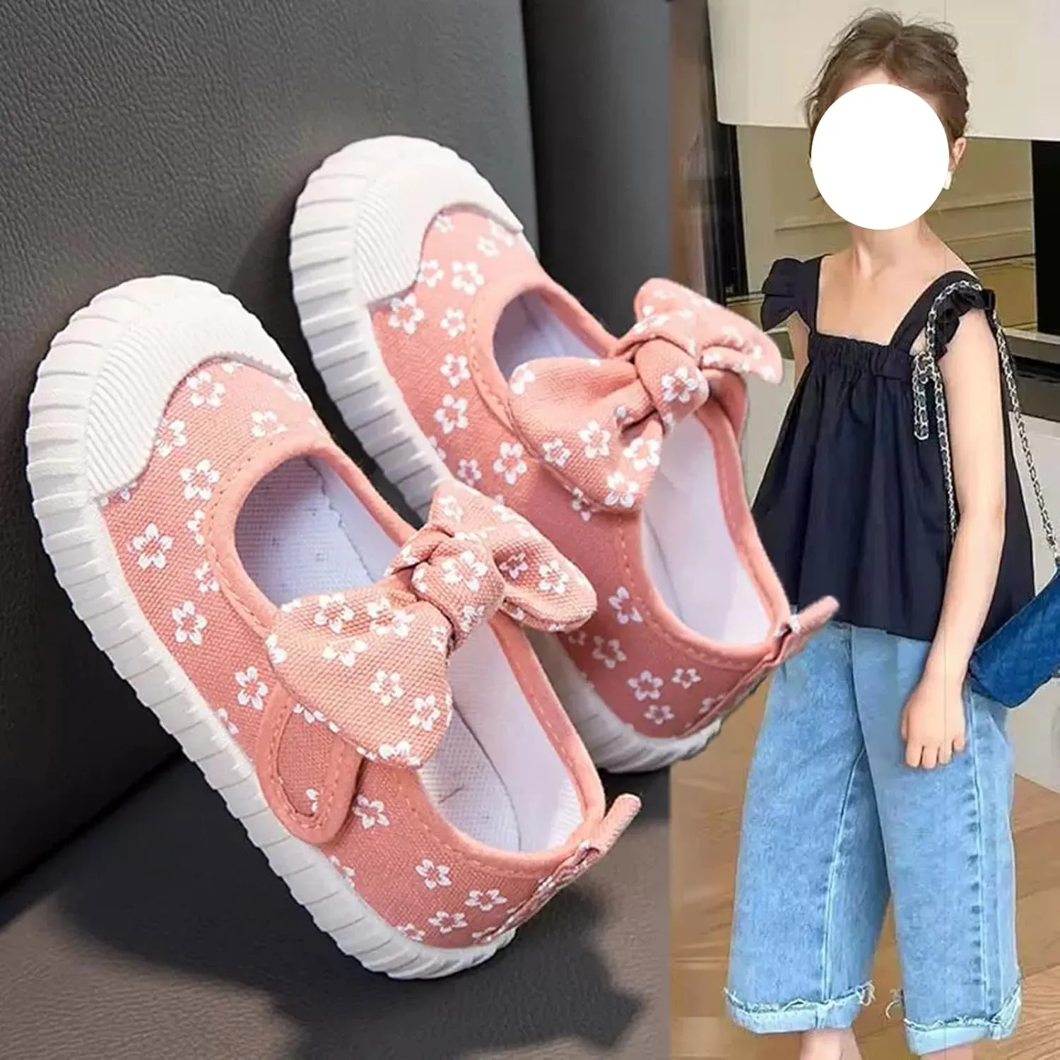 YIBLBOX Toddler Girl's Mary Jane Flat Shoes Canvas Bowknot Sneakers for Kids School Uniform Casual Soft Walking Dress Shoes