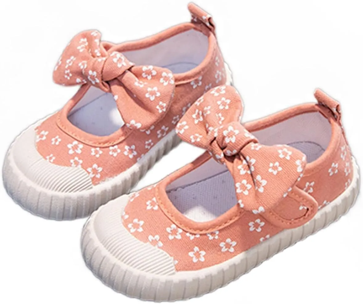 YIBLBOX Toddler Girl's Mary Jane Flat Shoes Canvas Bowknot Sneakers for Kids School Uniform Casual Soft Walking Dress Shoes