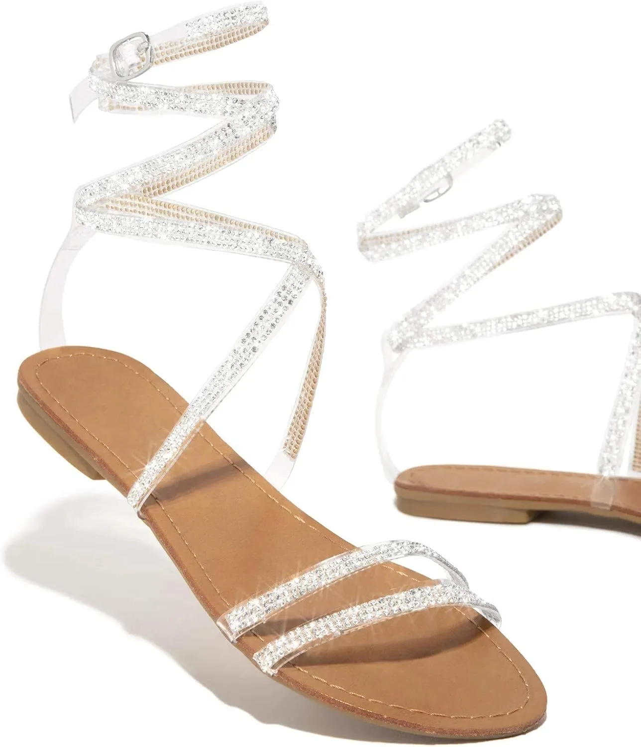 ZBYY Strappy Sandals for Women,Sparkling Rhinestone Roman Sandals Summer Open Toe Breathable Dressy Beach Sandals