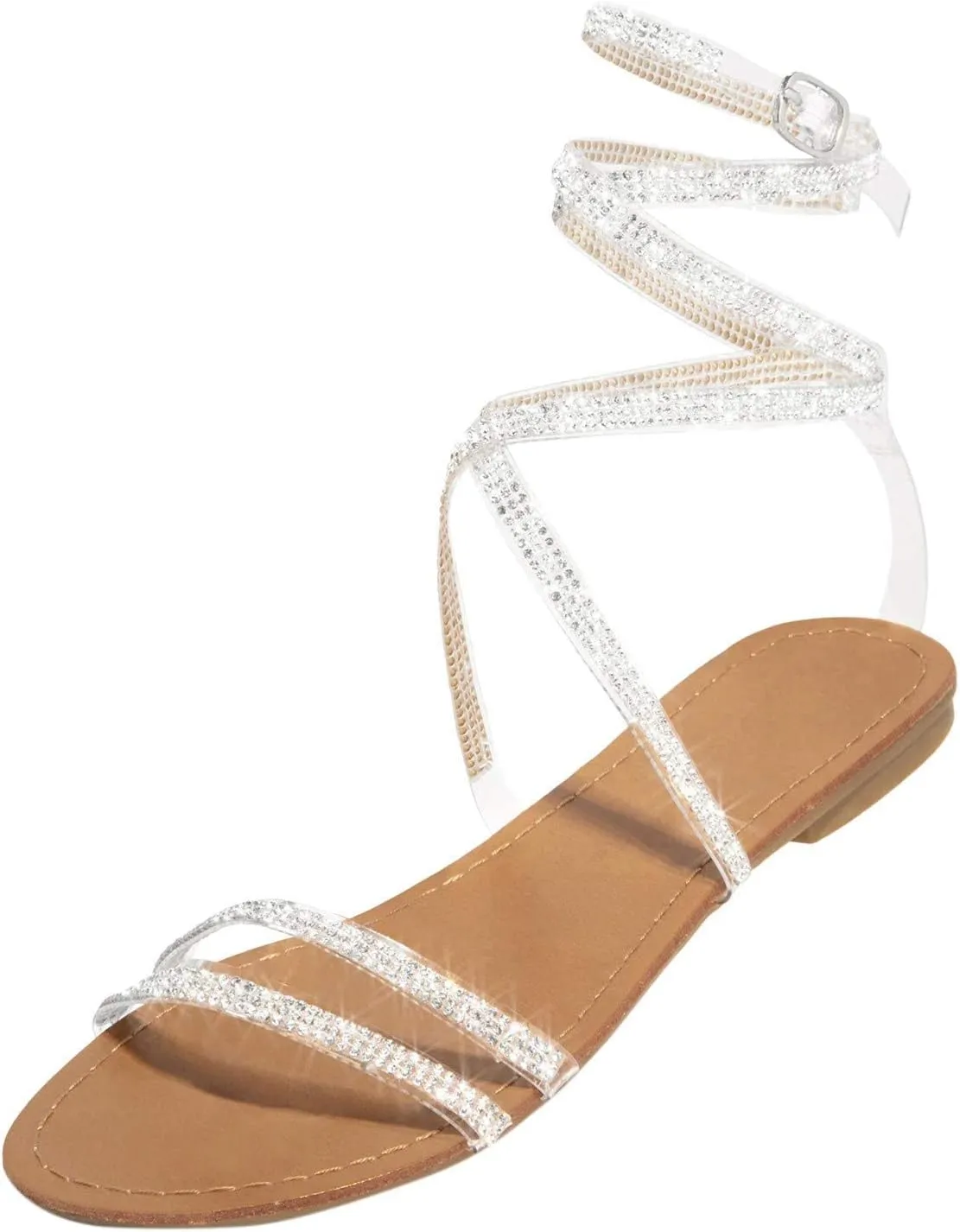 ZBYY Strappy Sandals for Women,Sparkling Rhinestone Roman Sandals Summer Open Toe Breathable Dressy Beach Sandals